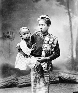 Burmese Woman with Child and Smoking a Cheroot